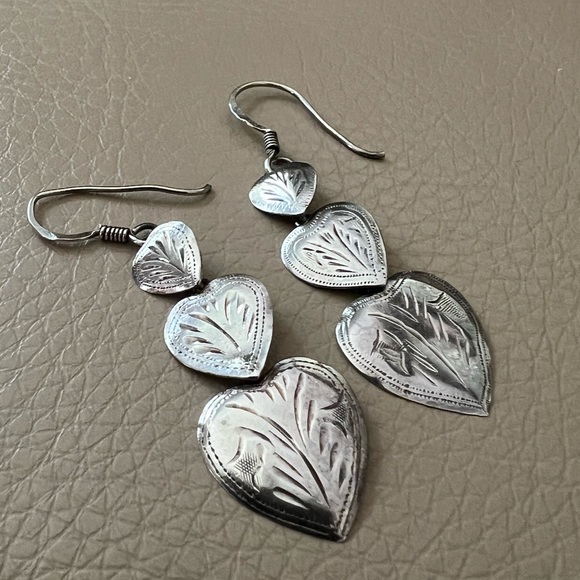 Jewelry - Three Hearts Sterling Silver Lightweight Drop Dangle Statement Earrings Vintage